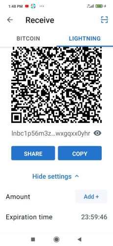 To receive through the Bitcoin Lightning Network:  Tap Lightning.  Enter the amount you want to receive by clicking on the Add button.  The wallet will generate a Lightning invoice.